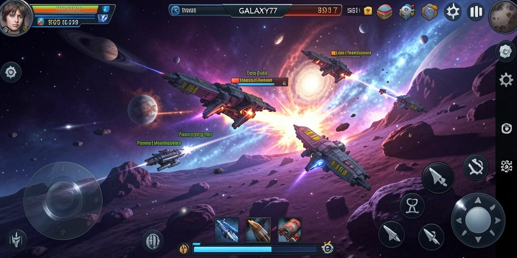 Tampilan gameplay seru dari GALAXY77 dalam pertempuran Tower Defense.