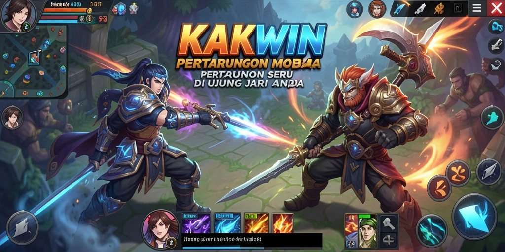 Screenshot utama KAKWIN menampilkan aksi tim dalam pertarungan MOBA yang seru.