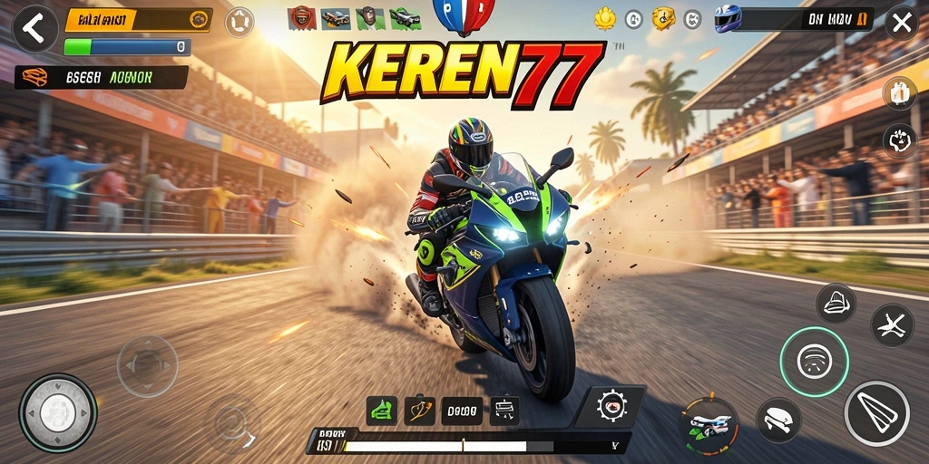 Tampilan intens gameplay balapan motor KEREN77.