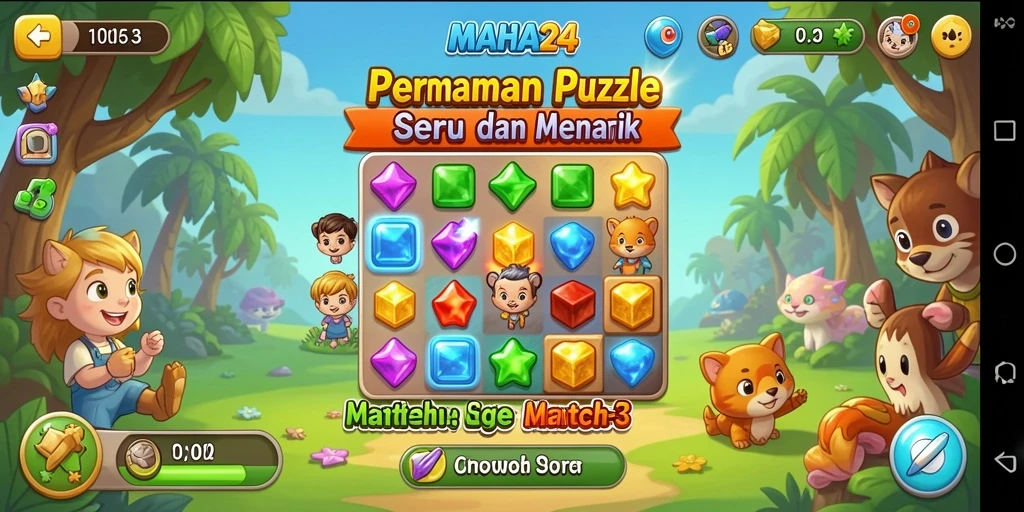 Screenshot gameplay MAHA24 menunjukkan aktivitas seru di level Match-3.