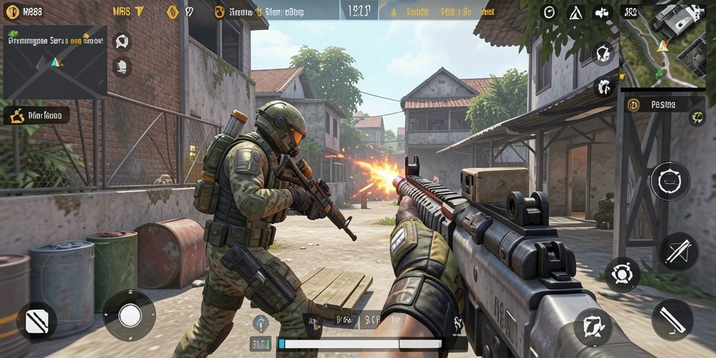 Tampilan gameplay dalam game FPS yang penuh aksi dan strategi.