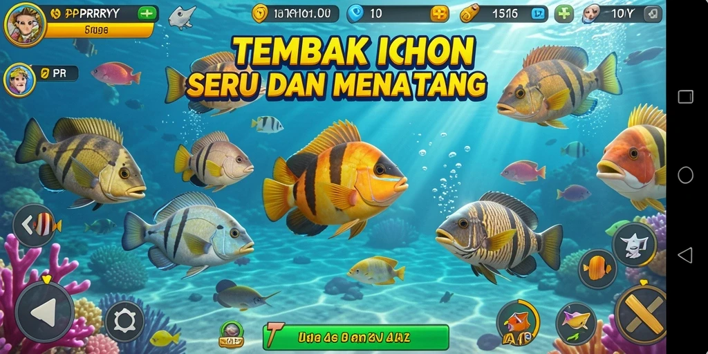 Tampilan gameplay PPRRYY saat menembak ikan yang berwarna-warni.