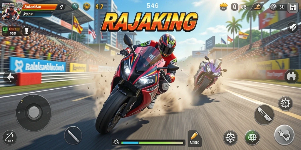 Tampilan gameplay seru dan intens dari RAJAKING di lintasan balapan.
