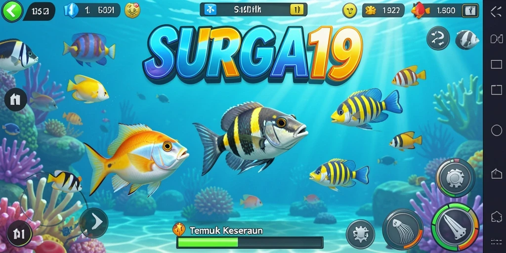 Screenshot gameplay SURGA19 menembak ikan yang sedang mendebarkan.