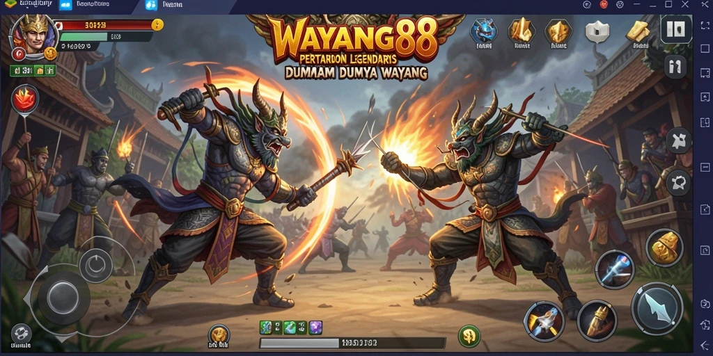 Tampilan gameplay WAYANG88 dengan karakter wayang bertarung.